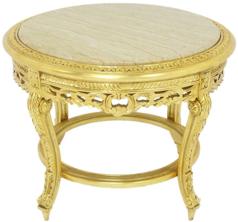 Casa Padrino Barock Couchtisch mit Marmorplatte Gold / Creme Ø 70 x H. 45 cm - Runder Antik Stil Wohnzimmertisch - Barock Wohnzimmer Möbel