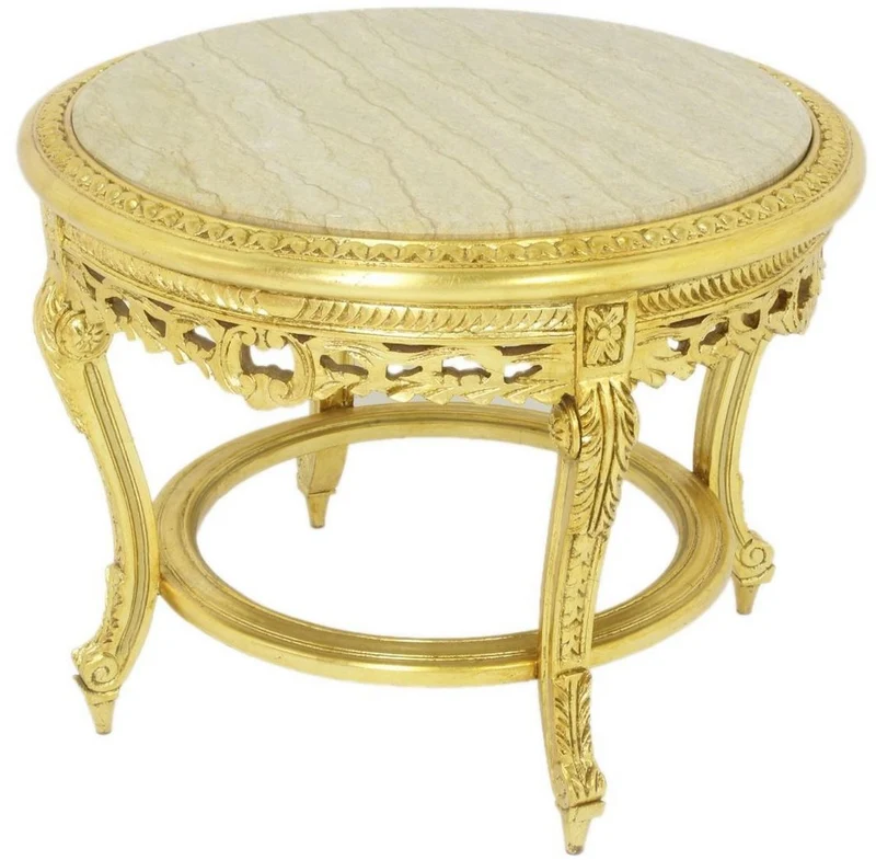 Casa Padrino Barock Couchtisch mit Marmorplatte Gold / Creme Ø 70 x H. 45 cm - Runder Antik Stil Wohnzimmertisch - Barock Wohnzimmer Möbel