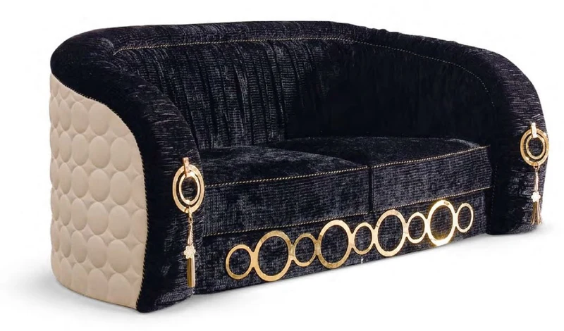 Casa Padrino Luxus Sofa mit Metall Ornamenten Schwarz / Beige / Gold 192 x 103 x H. 80 cm - Luxus Wohnzimmer & Hotel Möbel - Erstklassische Qualität - Made in Italy