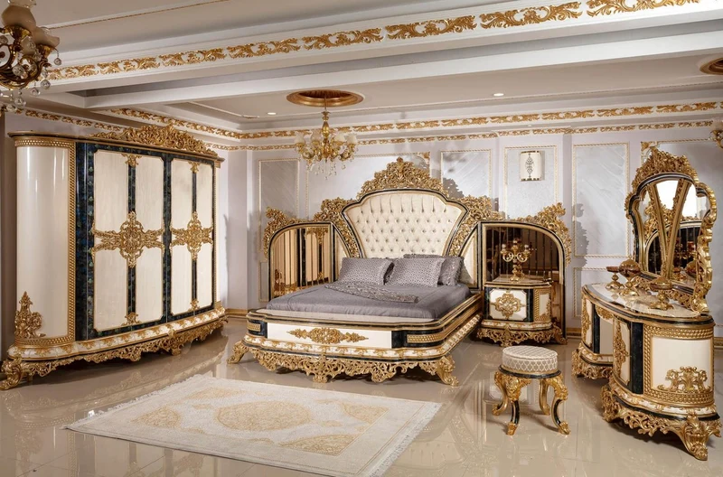 Casa Padrino Luxus Barock Schlafzimmer Set Gold / Weiß / Blau / Gold - 1 Doppelbett mit Kopfteil & 2 Nachtkommoden - Schlafzimmer Möbel im Barockstil - Edel & Prunkvoll