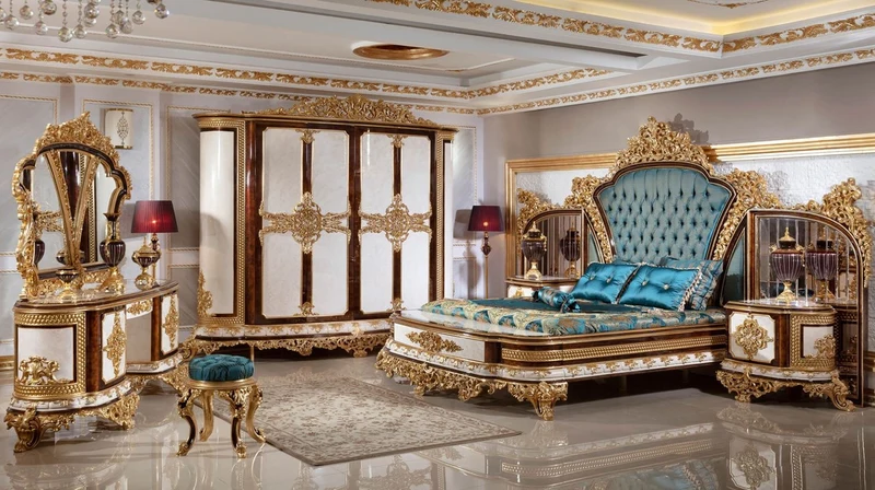 Casa Padrino Luxus Barock Schlafzimmer Set Weiß / Braun / Gold - 1 Barock Schminkkommode mit 5 Schubladen & 1 Barock Spiegel & 1 Barock Hocker - Barock Schlafzimmer Möbel - Edel & Prunkvoll