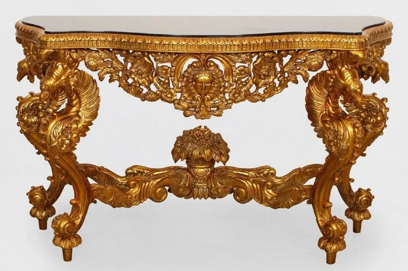 Casa Padrino Luxus Barock Konsole Gold / Schwarz - Handgefertigter Massivholz Konsolentisch mit edlen Verzierungen und Marmorplatte - Barock Möbel