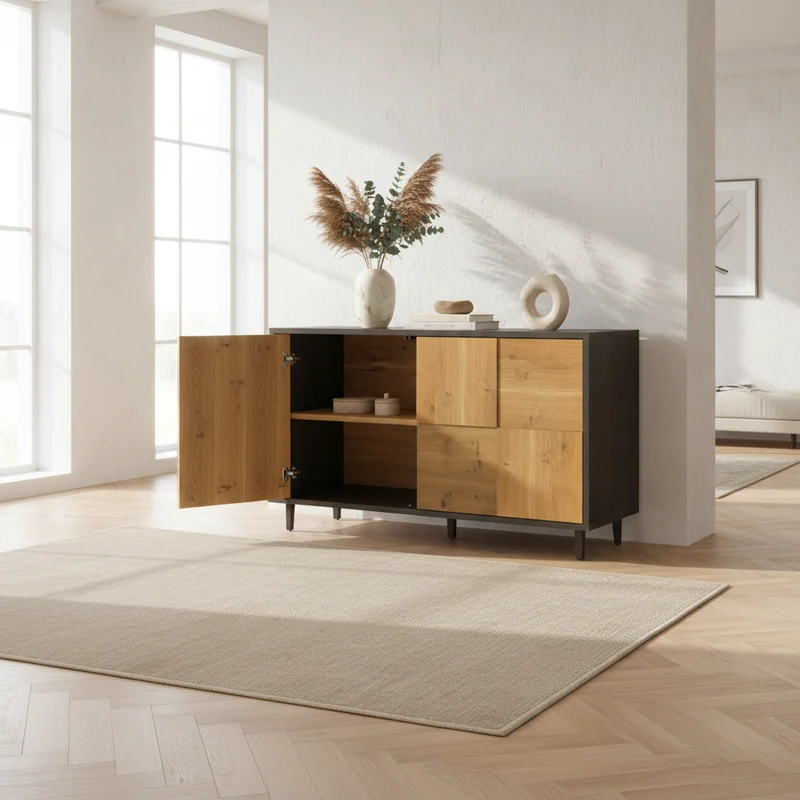 Sideboard "Mosaik" Eiche Rustikal - Natur/Schwarz geölt 120cm