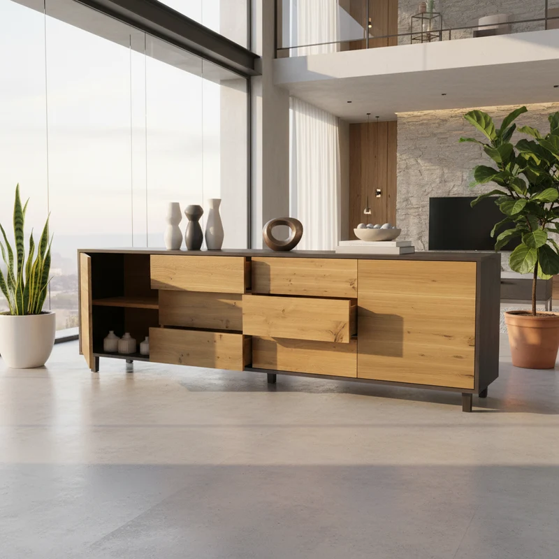 Sideboard "schmale Fuge" Eiche Rustikal - Natur/Schwarz geölt 240cm