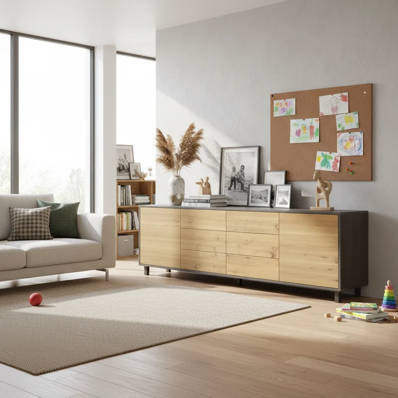 Sideboard "schmale Fuge" Eiche Rustikal - Natur/Schwarz geölt 240cm