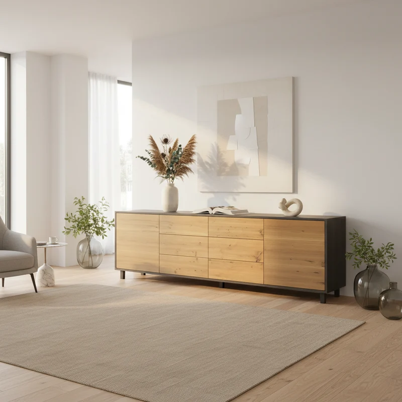 Sideboard "schmale Fuge" Eiche Rustikal - Natur/Schwarz geölt 240cm
