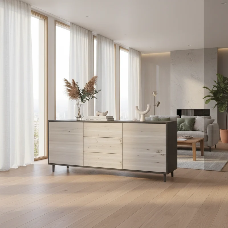Sideboard "schmale Fuge" Eiche Rustikal - Schwarz/Weiß geölt 180cm