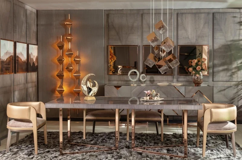 Casa Padrino Luxus Esstisch Grau / Kupfer 210 x 100 x H. 75 cm - Rechteckiger Küchentisch mit Massivholz Tischplatte und Metallbeinen - Esszimmer Möbel - Küchen Möbel - Luxus Möbel
