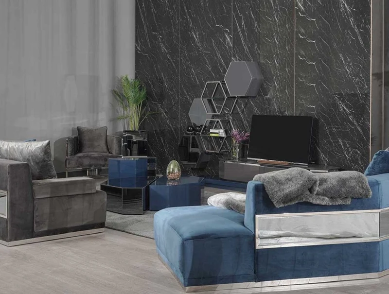 Casa Padrino Luxus Sofa Blau / Silber 480 x 100 x H. 70 cm - Gebogenes Wohnzimmer Sofa - Hotel Sofa - Wohnzimmer Möbel - Hotel Möbel - Luxus Möbel - Luxus Einrichtung