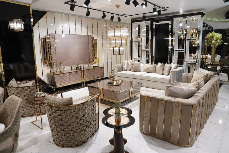 Casa Padrino Luxus TV Schrank Set Grau / Gold - Massivholz Wohnzimmer Sideboard mit TV Rückwand - Luxus Möbel - Wohnzimmer Möbel