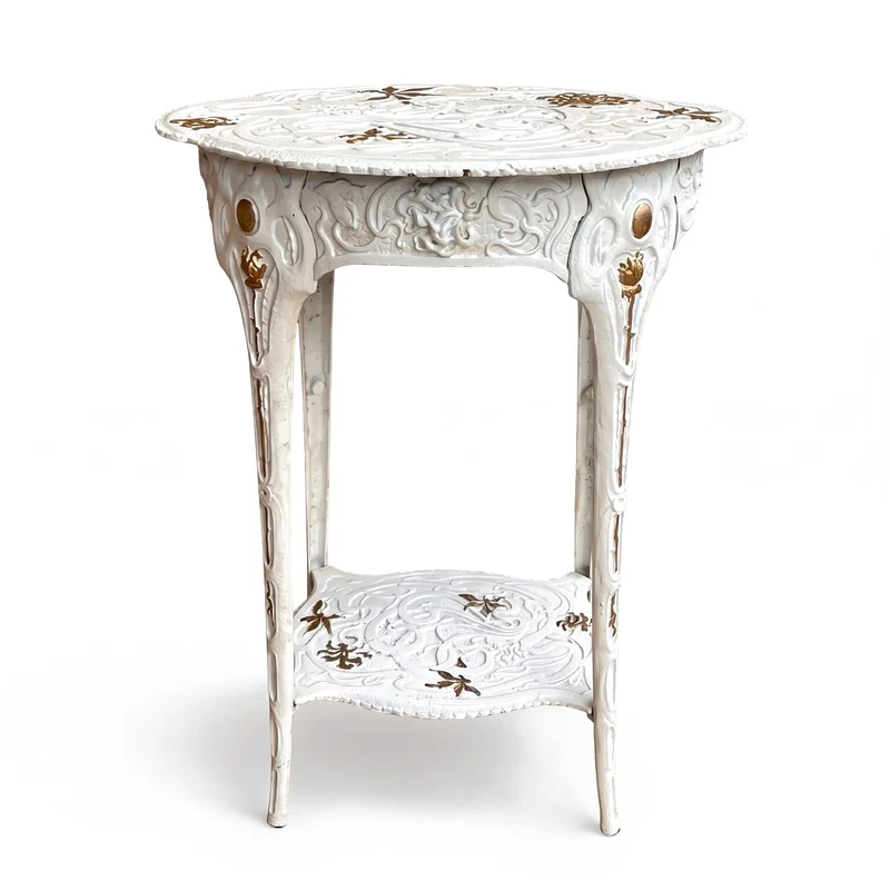 Casa Padrino Jugendstil Garten Deko Beistelltisch Weiß / Gold 46,6 x 36 x H. 60,4 cm - Nostalgischer Gusseisen Blumentisch - Barock & Jugendstil Garten Möbel