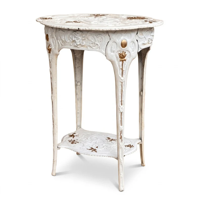 Casa Padrino Jugendstil Garten Deko Beistelltisch Weiß / Gold 46,6 x 36 x H. 60,4 cm - Nostalgischer Gusseisen Blumentisch - Barock & Jugendstil Garten Möbel