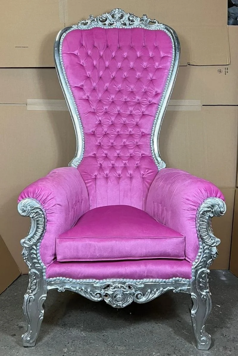 Casa Padrino Barock Thron Sessel mit edlem Samtstoff Rosa / Silber - Prunkvoller Königssessel - Handgefertigter Hochzeitssessel - Barock Riesensessel - Barock Möbel