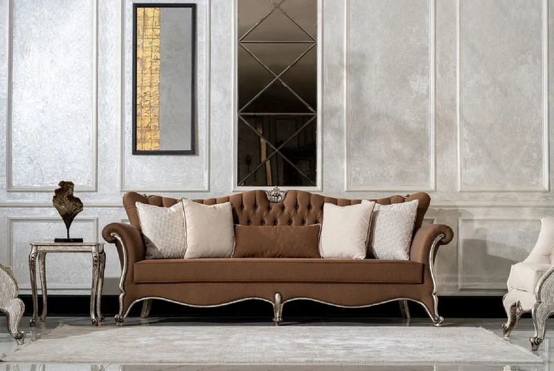 Casa Padrino Luxus Barock Wohnzimmer Set Braun / Creme / Antik Silber - 2 Sofas & 2 Sessel & 1 Couchtisch & 2 Beistelltische - Handgefertigte Wohnzimmer Möbel im Barockstil - Edel & Prunkvoll