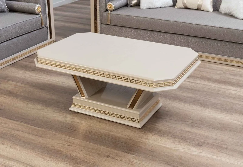 Casa Padrino Luxus Art Deco Couchtisch Cremefarben / Gold - Handgefertigter Massivholz Wohnzimmertisch - Art Deco Wohnzimmer Möbel