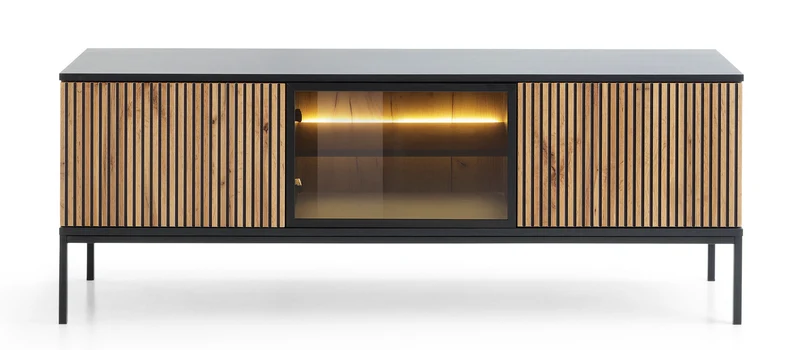Tosena TV-Schrank mit drei Türen und LED-Beleuchtung, 154 cm, Schwarz/Wotan-Eiche