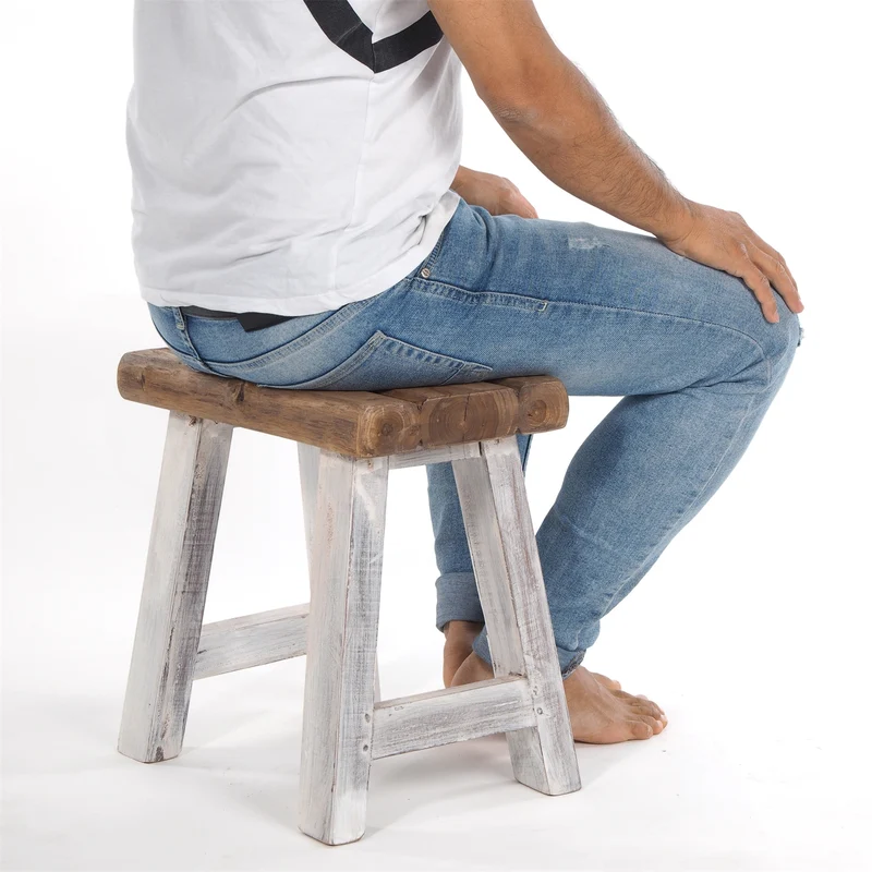 SITZHOCKER "RUSTIC" | 41x42x24cm (HxBxT), Teak | Holzhocker | Farbe: 05 weiß-natur