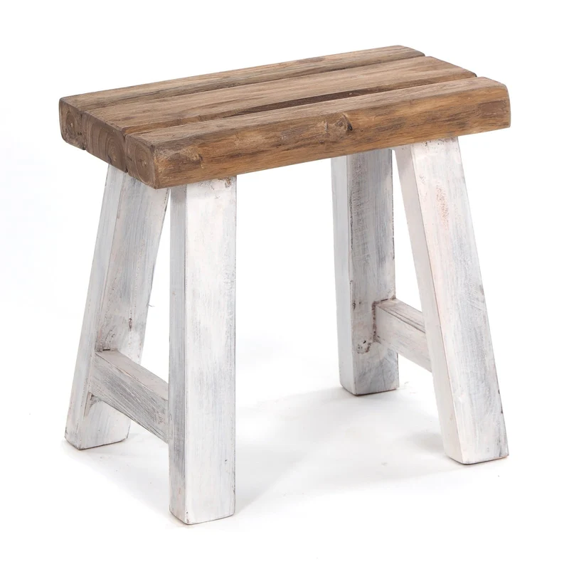 SITZHOCKER "RUSTIC" | 41x42x24cm (HxBxT), Teak | Holzhocker | Farbe: 05 weiß-natur
