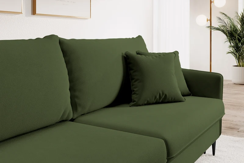 Dreisitziges ausklappbares Sofa Volio, olivfarben, Samt, wasserabweisend, schwarze Beine