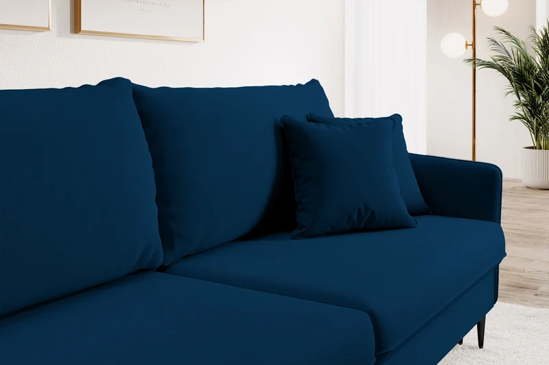 Dreisitziges ausklappbares Sofa Volio, samtblau, wasserabweisend, schwarze Beine