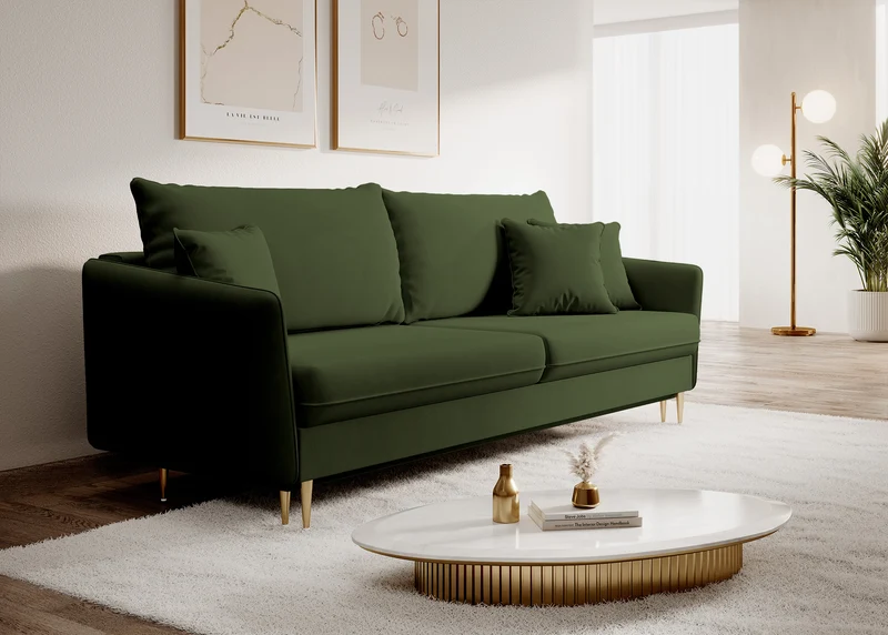 Dreisitziges ausklappbares Sofa Volio, olivgrüner Samt, wasserabweisend, goldene Beine