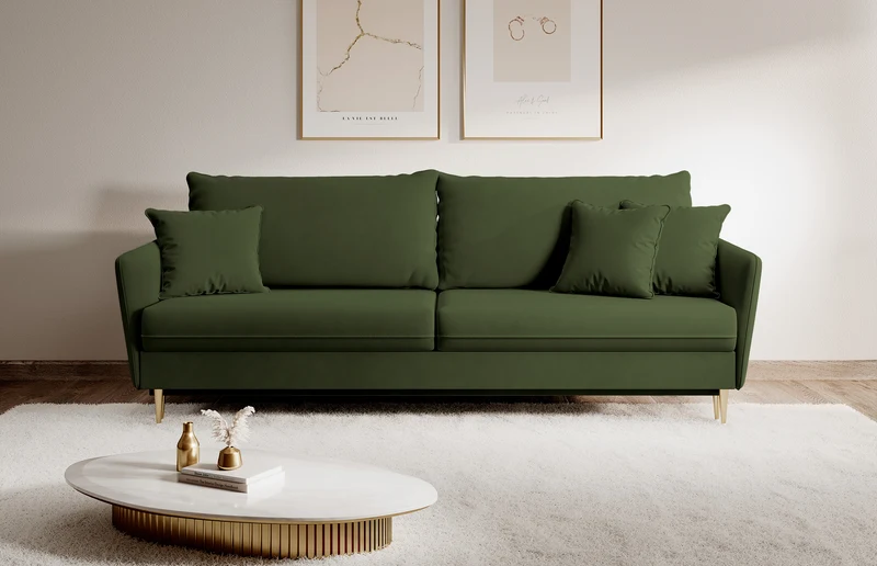 Dreisitziges ausklappbares Sofa Volio, olivgrüner Samt, wasserabweisend, goldene Beine