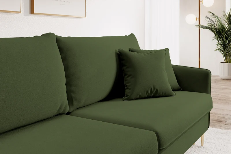 Dreisitziges ausklappbares Sofa Volio, olivgrüner Samt, wasserabweisend, goldene Beine