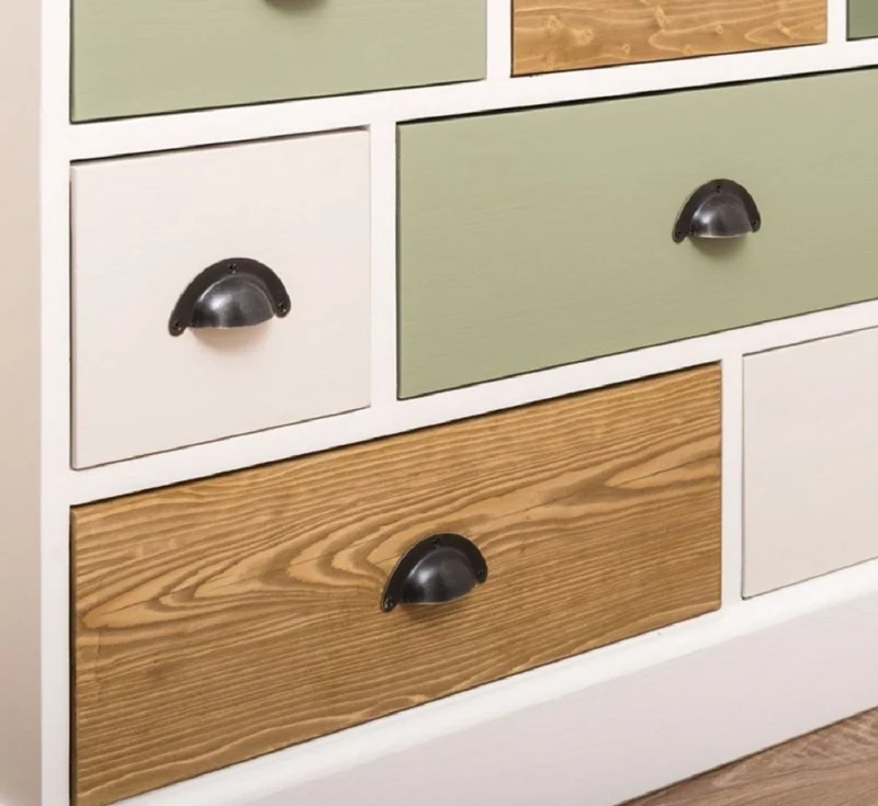 Casa Padrino Landhausstil Kommode Weiß / Grün / Naturfarben 180 x 48 x H. 95 cm - Massivholz Schrank mit 19 Schubladen - Landhausstil Möbel - Möbel im Landhausstil - Landhausstil Einrichtung