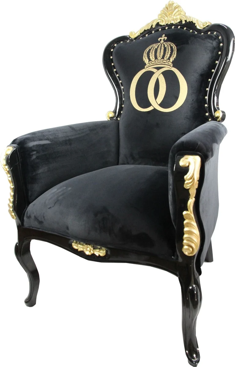 Pompöös by Casa Padrino Luxus Barock Sessel Bergere Schwarz / Gold mit Goldkrone - Pompööser Barock Sessel designed by Harald Glööckler
