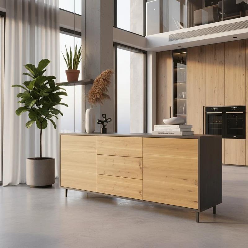 Sideboard "schmale Fuge" Eiche Rustikal - Natur/Schwarz geölt 180cm