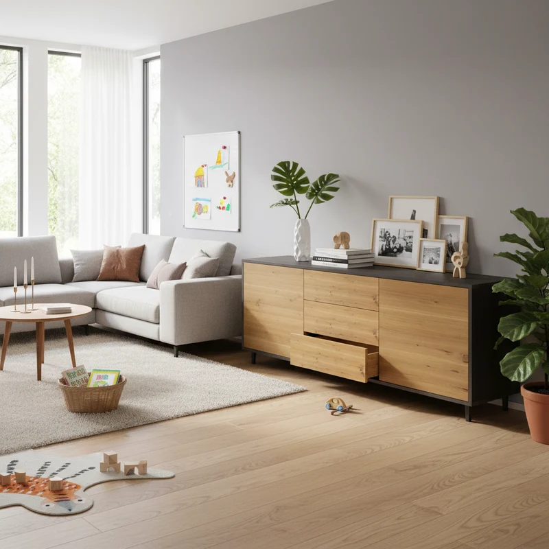 Sideboard "schmale Fuge" Eiche Rustikal - Natur/Schwarz geölt 180cm