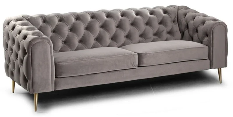 Casa Padrino Luxus Chesterfield 3er Sofa Grau / Messingfarben 217 x 95 x H. 80 cm - Modernes Wohnzimmer Sofa - Chesterfield Wohnzimmer Möbel