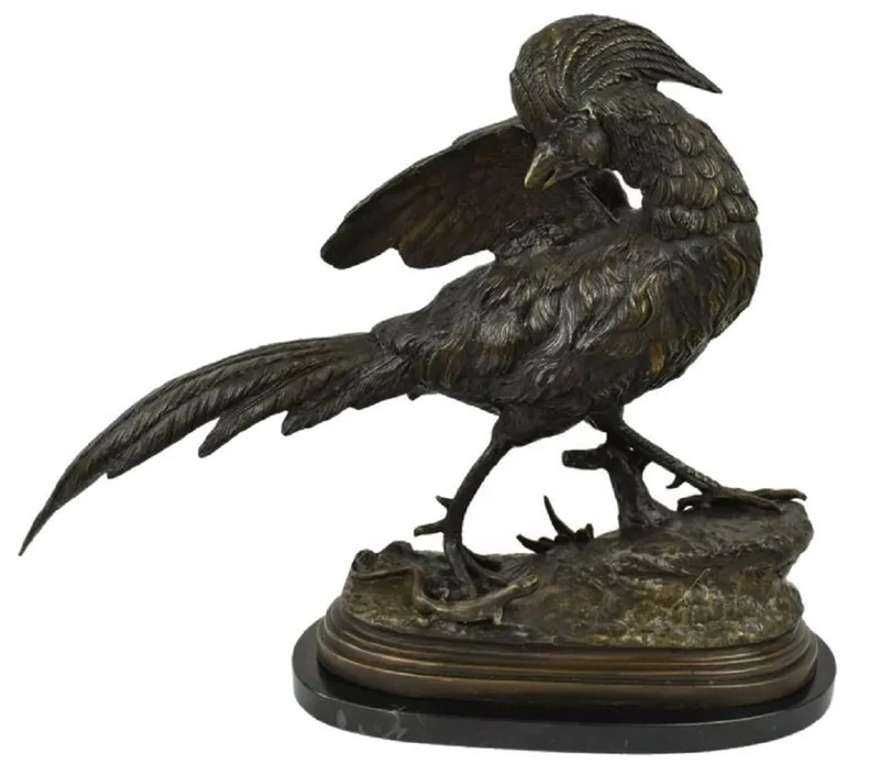 Casa Padrino Luxus Bronze Deko Skulptur Fasan Bronze / Schwarz 69 x 20 x H. 53 cm - Bronze Figur mit Marmorsockel - Deko Figur - Schreibtisch Deko - Deko Accessoires