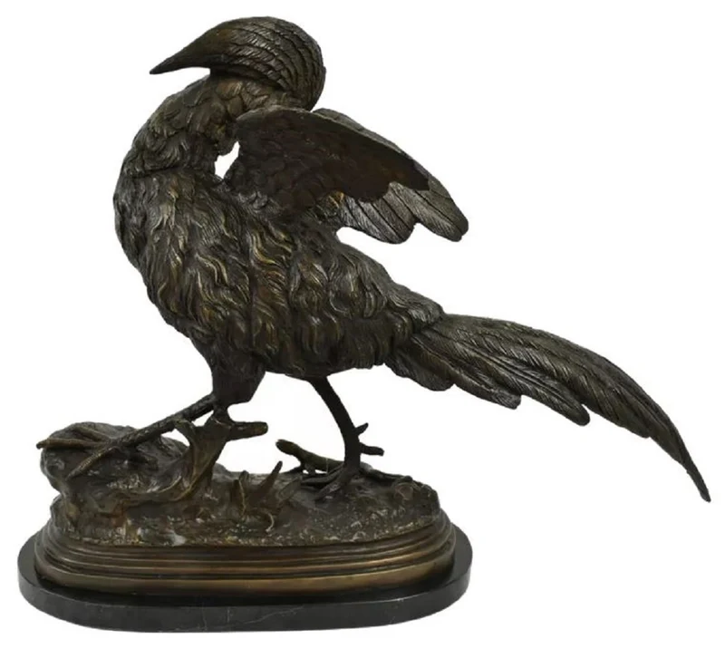 Casa Padrino Luxus Bronze Deko Skulptur Fasan Bronze / Schwarz 69 x 20 x H. 53 cm - Bronze Figur mit Marmorsockel - Deko Figur - Schreibtisch Deko - Deko Accessoires