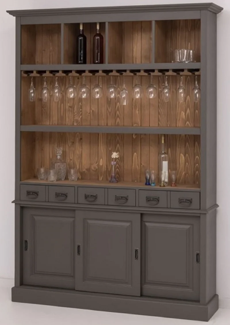 Casa Padrino Landhausstil Massivholz Barschrank Dunkelgrau / Braun 151 x 36 x H. 210 cm - Massivholz Weinschrank im Landhausstil - Massivholz Bar Möbel - Landhausstil Bar Möbel