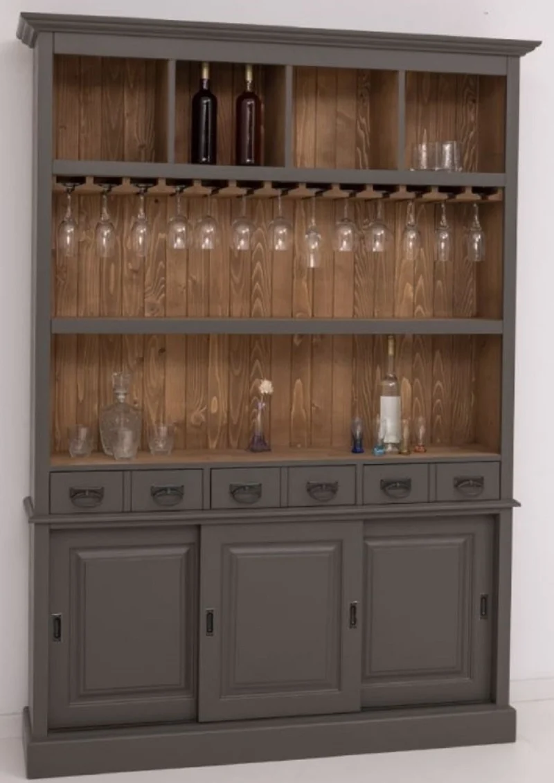 Casa Padrino Landhausstil Massivholz Barschrank Dunkelgrau / Braun 151 x 36 x H. 210 cm - Massivholz Weinschrank im Landhausstil - Massivholz Bar Möbel - Landhausstil Bar Möbel