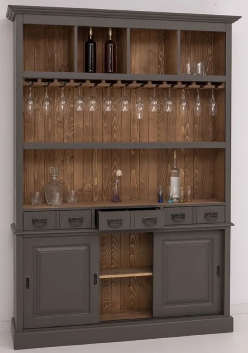 Casa Padrino Landhausstil Massivholz Barschrank Dunkelgrau / Braun 151 x 36 x H. 210 cm - Massivholz Weinschrank im Landhausstil - Massivholz Bar Möbel - Landhausstil Bar Möbel