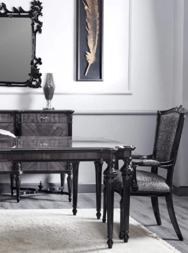 Casa Padrino Luxus Barock Esszimmer Set Grau / Schwarz - 1 Barock Esstisch & 8 Barock Esszimmerstühle - Luxus Esszimmer Möbel im Barockstil - Barock Möbel - Edel & Prunkvoll