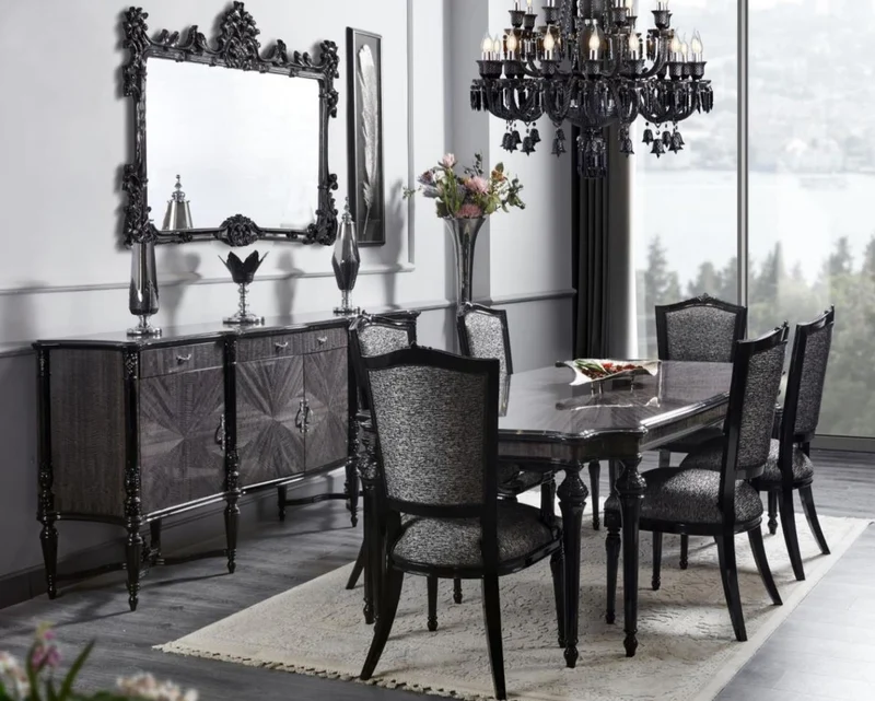 Casa Padrino Luxus Barock Esszimmer Set Grau / Schwarz - 1 Barock Esstisch & 8 Barock Esszimmerstühle - Luxus Esszimmer Möbel im Barockstil - Barock Möbel - Edel & Prunkvoll