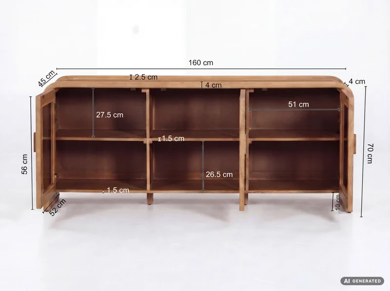 Sideboard Mango 160 cm aus Massivholz mit Glastüren, Wohnling Anrichte
