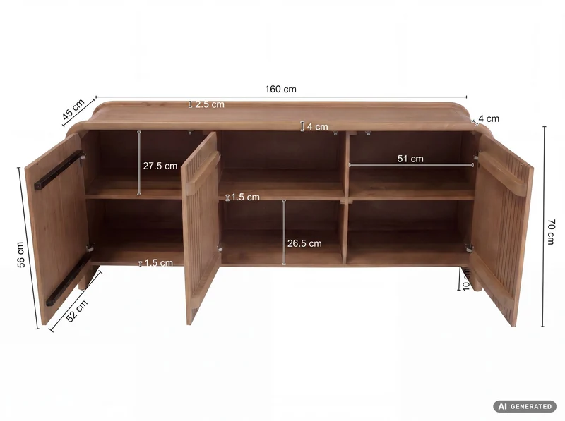 Sideboard Mango Massivholz 160 cm mit 3 Türen, Push-to-Open