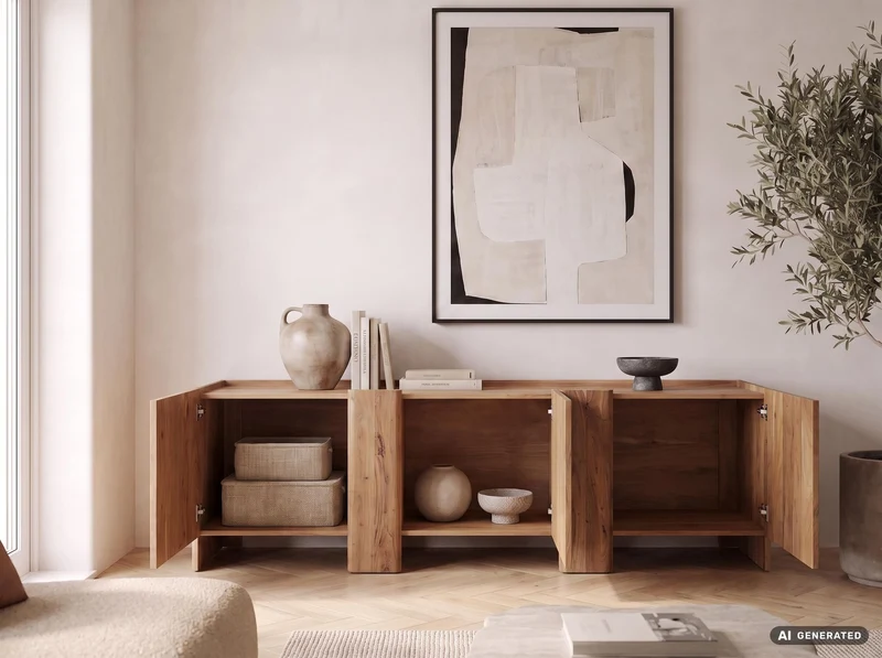 Sideboard Akazie 165 cm mit 3 Türen, Wohnling Massivholz-Anrichte