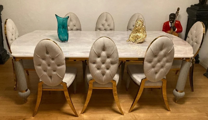 Casa Padrino Luxus Art Deco Esszimmerstuhl 4er Set Grau / Gold 50 x 58 x H. 109,5 cm - Elegante Küchenstühle - Esszimmer Möbel - Luxus Möbel - Art Deco Möbel - Luxus Einrichtung