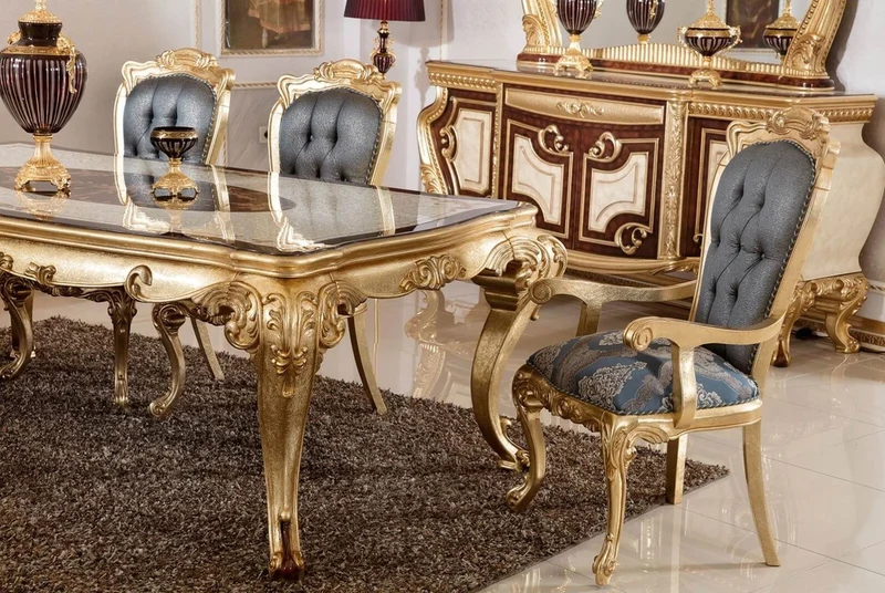 Casa Padrino Luxus Barock Esstisch Weiß / Braun / Gold - Prunkvoller Massivholz Esszimmertisch im Barockstil - Prunkvolle Barock Esszimmer Möbel
