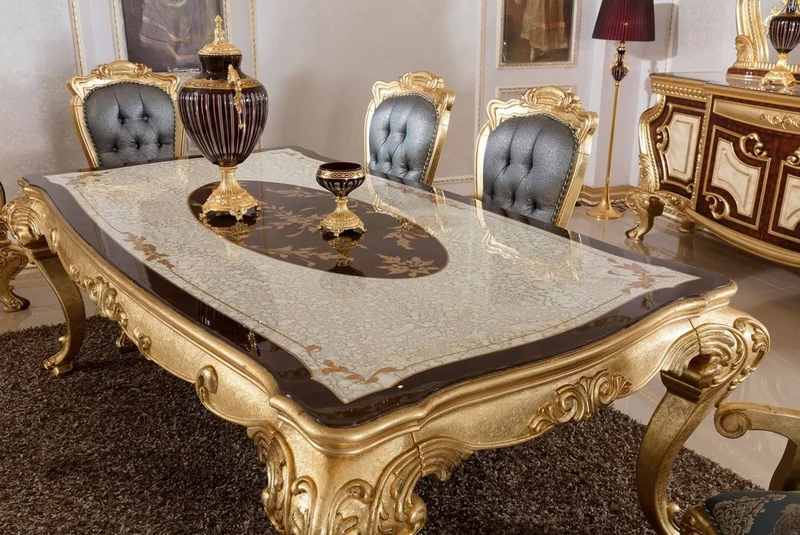 Casa Padrino Luxus Barock Esstisch Weiß / Braun / Gold - Prunkvoller Massivholz Esszimmertisch im Barockstil - Prunkvolle Barock Esszimmer Möbel