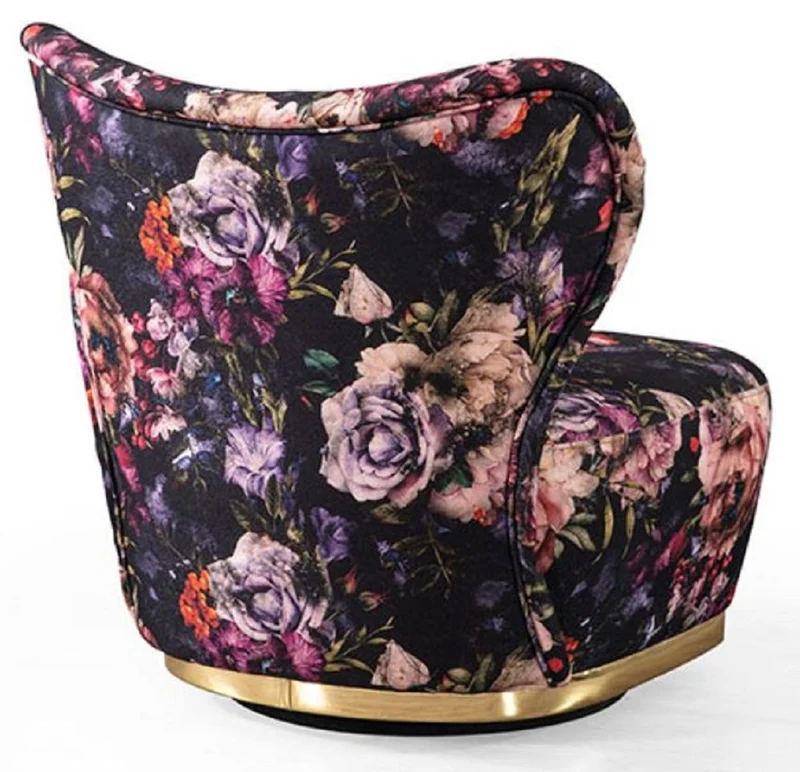 Casa Padrino Luxus Sessel Schwarz / Mehrfarbig / Gold - Moderner Wohnzimmer Sessel mit Blumenmuster - Moderne Wohnzimmer Möbel - Luxus Kollektion