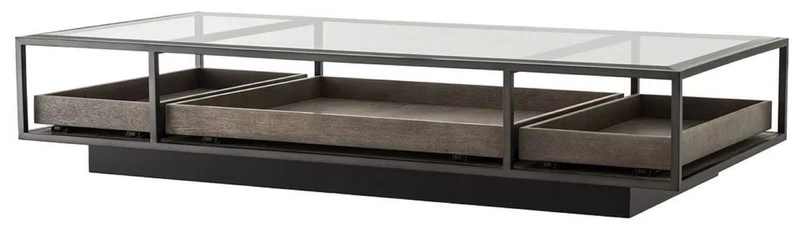Casa Padrino Luxus Couchtisch Bronzefarben / Grau 180 x 90 x H. 37 cm - Rechteckiger Wohnzimmertisch mit Glasplatte - Wohnzimmer Möbel - Luxus Möbel