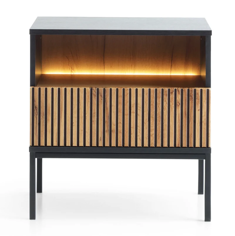Nachttisch Tosena mit Schublade und LED-Beleuchtung 54 cm Schwarz/Wotan-Eiche