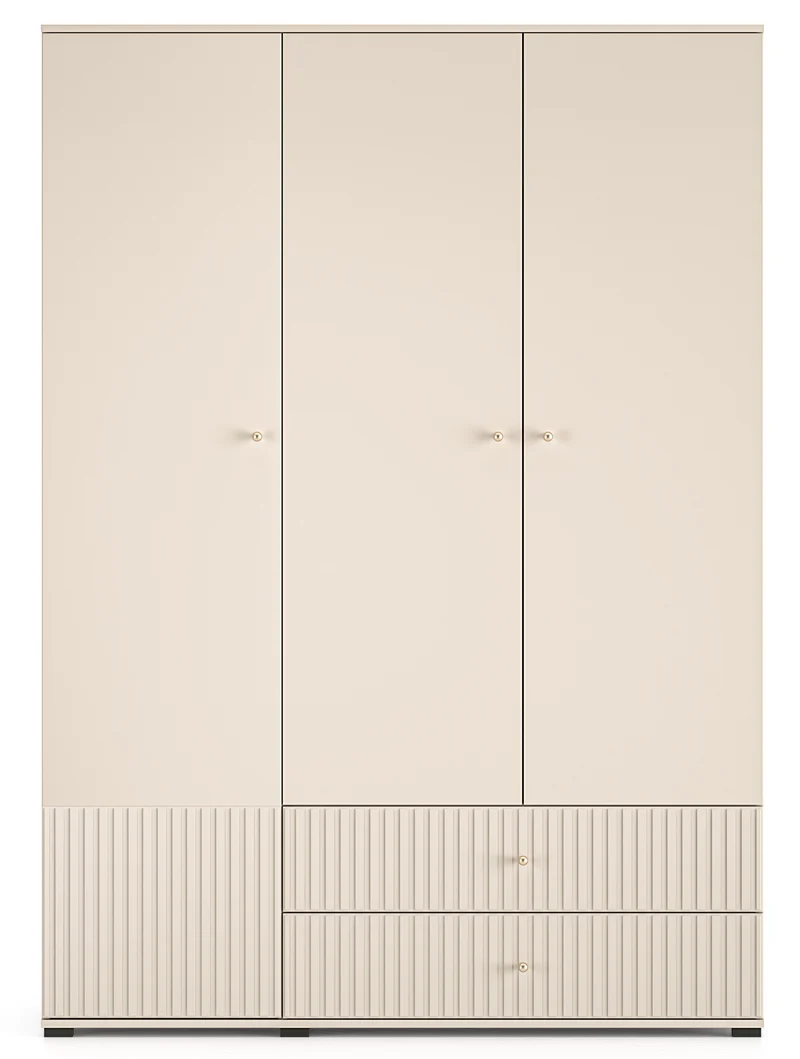 Drehtürenschrank Caletto 150 cm mit zwei Schubladen, dekorative Lamellen, beige