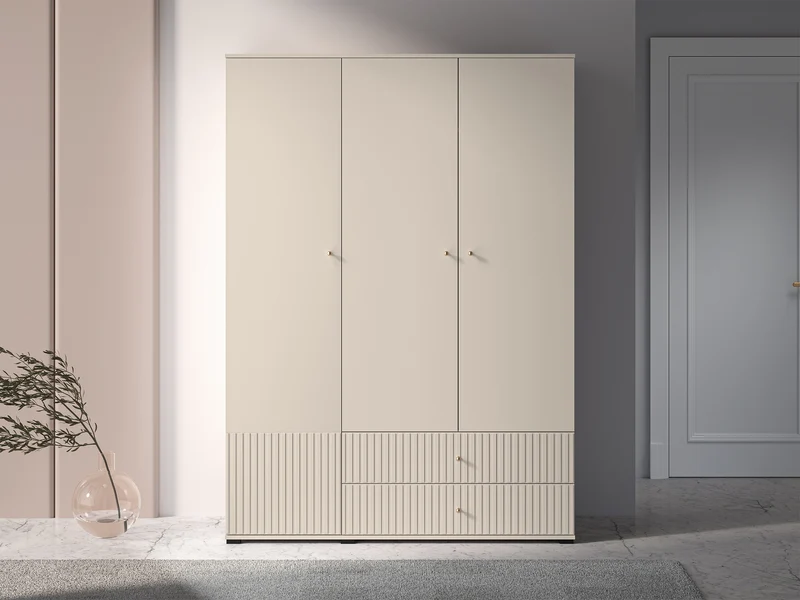 Drehtürenschrank Caletto 150 cm mit zwei Schubladen, dekorative Lamellen, beige